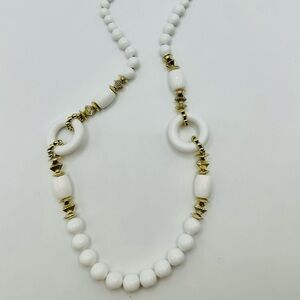 Elegant White and Gold Beaded MCM Plastic Necklace